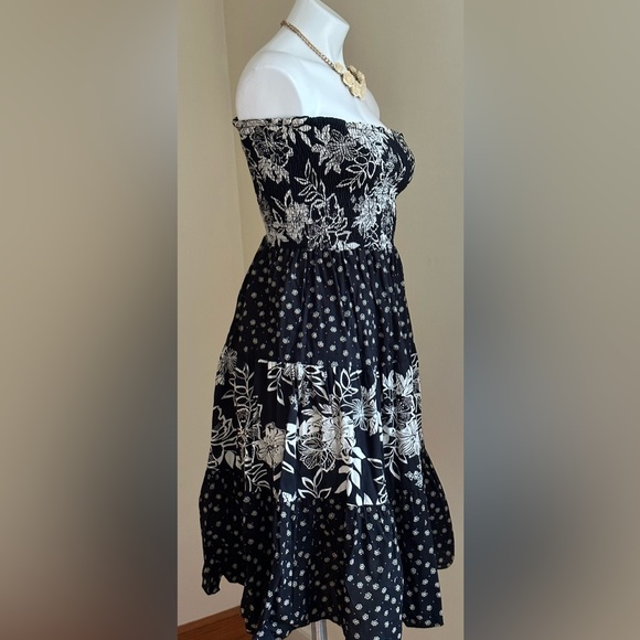 LAN Z Black White Floral Print Strapless Flounced Summer Dress Stretch Top SZ S - Picture 4 of 9